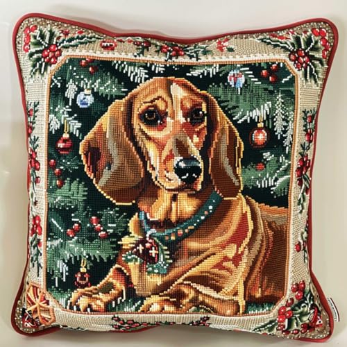 Kitquiver Diy Knüpfen Set Dackel Und Weihnachtsbaum Knüpfhäkel-Set Für Erwachsene Und Anfänger,Stickerei-Häkelset,Diy-Kissenbezug-Sets 17x17In von Kitquiver