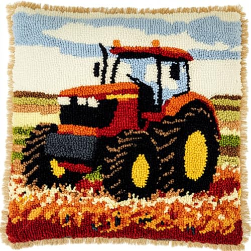 Kitquiver Diy Knüpfstern Cartoon-Traktor Knüpfhäkel-Set Für Erwachsene Und Anfänger,Stickerei-Häkelset,Diy-Kissenbezug-Sets 17x17in von Kitquiver