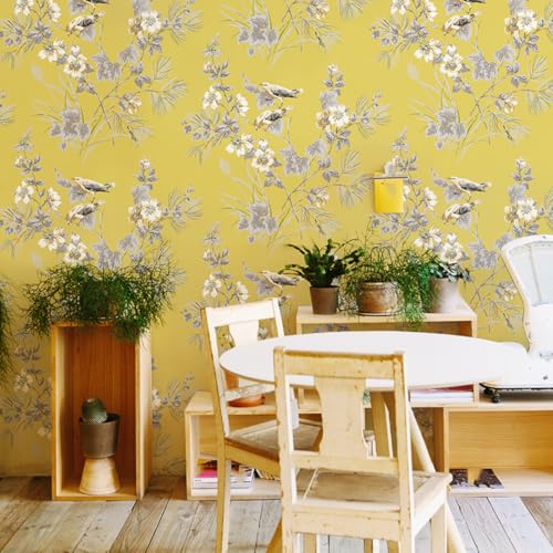 Kitquiver Gelb Wall Paper Pastorale Blumen Und Vögelvliestapete Für Schlafzimmer，Wohnzimmer，Verschiedene Räume 0.53x10m von Kitquiver