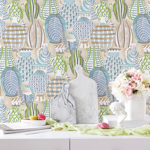 Kitquiver Grün Vliestapete Vase Mit Blättern Und Gartenminimalistisch Für Schlafzimmer，Wohnzimmer，Hintergrund，Flur，Lounge 0.53x10m von Kitquiver