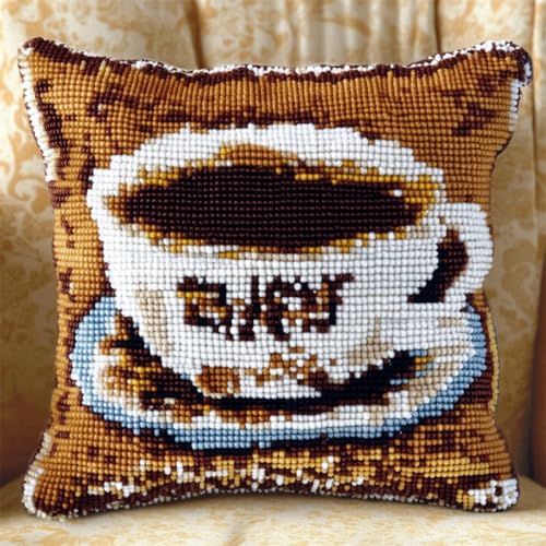 Kitquiver Kissen Knüpfen Set Erwachsene Cartoon-Kaffeetasse Knüpfhäkel-Set Für Erwachsene Und Anfänger,Stickerei-Häkelset,Diy-Kissenbezug-Sets 17x17in von Kitquiver