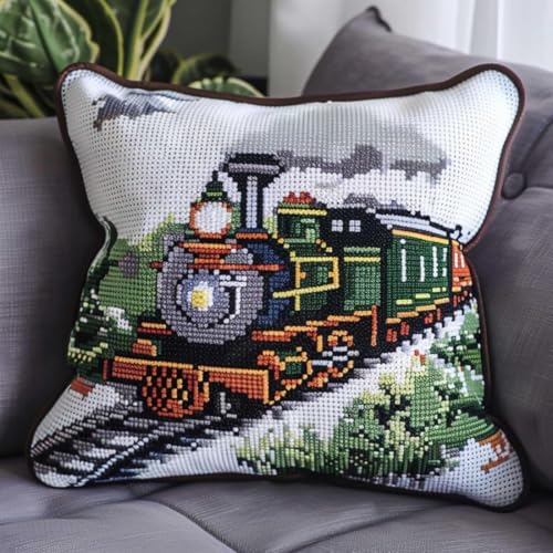 Kitquiver Landschaft Diy Knüpfen Set Cartoon-Zug Knüpfhäkel-Set Für Erwachsene Und Anfänger,Stickerei-Häkelset,Diy-Kissenbezug-Sets 17x17in von Kitquiver
