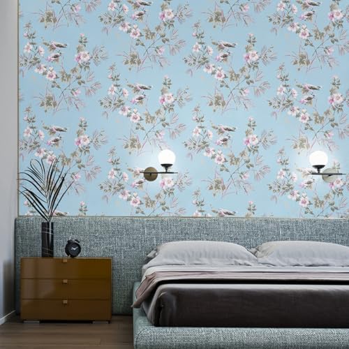 Kitquiver Ozeanblau Vliestapete Pastorale Blumen Und Vögelvliestapete 3D，Minimalistischer Hintergrund Für Wohnzimmer，Schlafzimmer，Küche 0.53x10m von Kitquiver