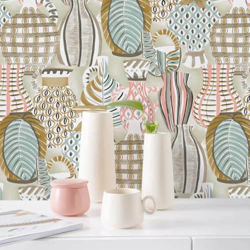 Kitquiver Rosa Wall Paper Vase Mit Blättern Und Gartenvliestapete Für Wohnzimmer，Schlafzimmer，Küche，Hintergrund，Hoteltapete 0.53x10m von Kitquiver