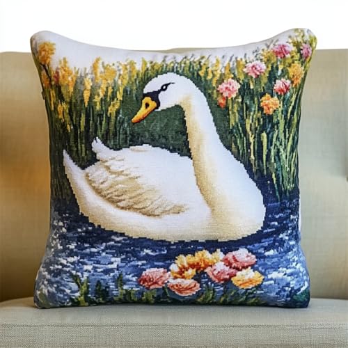 Kitquiver Tier Kissen Knüpfen Set Erwachsene Schwäne Und Blumen Diy-Kissenbezug Mit Gobelin-Stickerei,Kissen-Set Für Die Heimdekoration,Stickset Für Anfänger 17x17in von Kitquiver