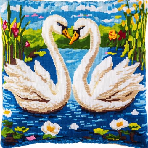 Kitquiver Tier Knüpfhaken Set Kissen Schwäne Und Blumen Knüpfhäkel-Set Für Erwachsene Und Anfänger,Stickerei-Häkelset,Diy-Kissenbezug-Sets 17x17in von Kitquiver