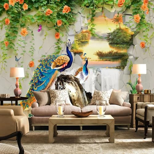 Kitquiver Wall Painting 3D Pfau Und Blumen Abnehmbares Wandposter，Hintergrund，Dekorative Kunst Für Wohnzimmer，Schlafzimmer 350x245cm von Kitquiver
