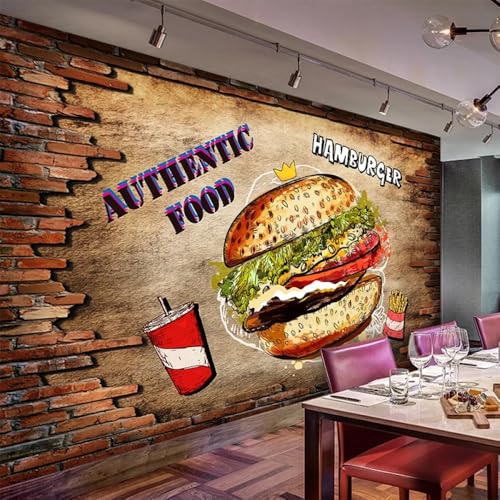 Kitquiver Wall Painting 3D Ziegelmauer,Hamburger,Schnellimbiss Tapete，Fotodruck，Optische Täuschung，Wandkunstdruck，Dekorationsposter 350x245cm von Kitquiver