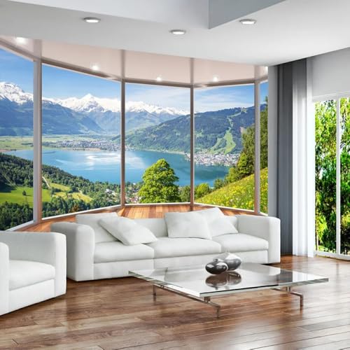 Selbstklebende Fototapete 3D Die Landschaft Mit Bergen,Flüssen Und Seen Vor Dem Fenster 3D-Fototapete，Wandbild Für Hochzeitszimmer，Heimdekoration 250x175cm von Kitquiver