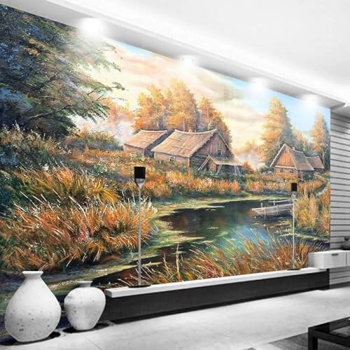Wall Painting 3D Ländliches Bauernhaus Landschaft Ölgemälde 3D-Fototapete，Wandbild，Wohnzimmer，Schlafzimmer，Deckenhintergrund，Dekorationsmalerei 350x245cm von Kitquiver