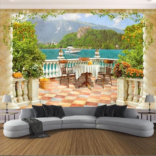 Wall Painting 3D Retro-Balkon Mit Seeblick 3D-Fototapete，Wandbild，Wohnzimmer，Schlafzimmer，Deckenhintergrund，Dekorationsmalerei 350x245cm von Kitquiver