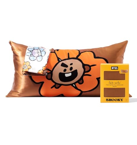 BT21 x Kitsch Satin-Kissenbezug, King-Size, weicher als Maulbeerseide-Kissenbezüge mit Reißverschluss, glatt, kühlende Kissenbezüge 48,3 x 91,4 cm zum Schlafen, Satin-Kissenbezug, 1 Stück, Shooky von Kitsch