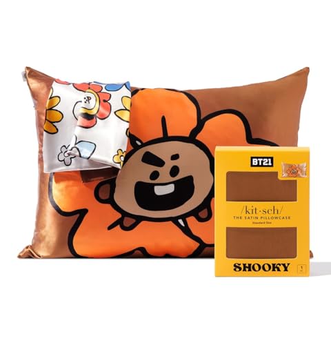 BT21 x Kitsch Satin-Kissenbezug mit Reißverschluss, weicher als Maulbeerseide-Kissenbezüge, Standardgröße, 1 Stück, kühlender Kissenbezug für Haare, Hautgesundheit und Schönheitsschlaf (48,3 x 66 cm, von Kitsch