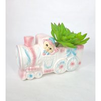 Vintage Baby-Zug-Übertopf in Blau Und Pink Mit Niedlichem Bär - Vintage-Blumentopf/Kinderzimmer-Übertopf von KitschClutch