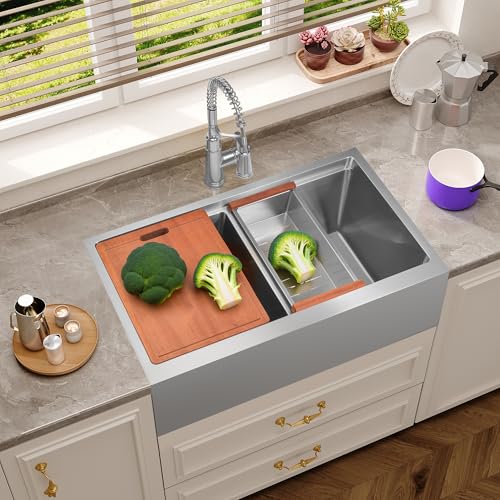 33 Farmhouse Spülbecken Doppelbecken – Kitsitchen 83 cm Schürze vorne Edelstahl Doppelschüssel 50/50 Ledge Workstation Handgefertigte Bauernhof-Küchenspüle von Kitsitchen