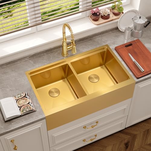 71,1 cm Unterbau-/Drop-In-Farmhaus-Spüle, goldene Schürze vorne, Bauernhaus-Küchenspülen, tiefe Doppelbecken-Arbeitsplatzspüle mit reichlich Zubehör (Gold, 71,1 x 55,9 cm) von Kitsitchen