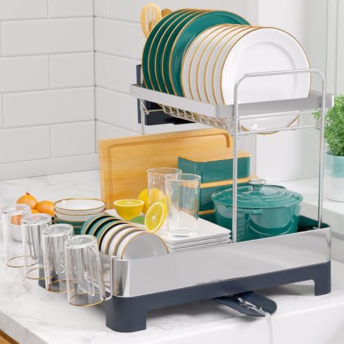 Kitsure Abtropfgestell Geschirr – 2-Tier rostfreies Abtropfgestell mit Besteck- und Tassenhaltern, platzsparendes Geschirrabtropfgestell für Küchenarbeitsplatten, 36,8 x 32,0 x 44,5 cm, Dunkelgrau von Kitsure