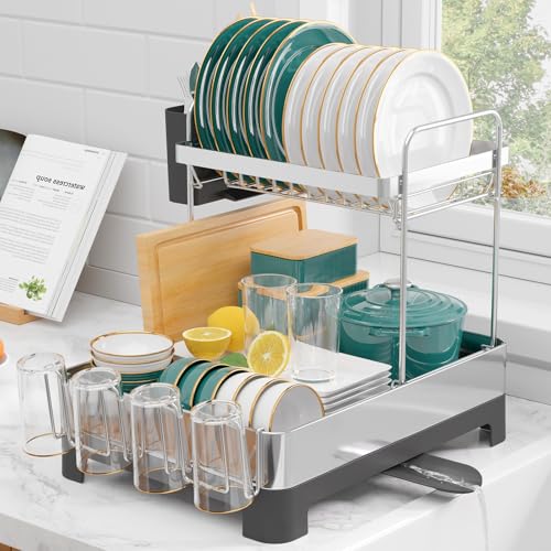 Kitsure Abtropfgestell Geschirr – 2-Tier rostfreies Abtropfgestell mit Besteck- und Tassenhaltern, platzsparendes Geschirrabtropfgestell für Küchenarbeitsplatten, 38,6 x 32,0 x 44,5 cm, Dunkelgrau von Kitsure