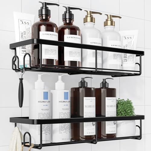 Kitsure Duschablage ohne Bohren - 2 Stück rostfreie Badezimmer Organizer, schnell trocknende Badregal, mit großer Kapazität, langlebige Shampoo Halterung für Dusche aus Edelstahl, 4 Haken, schwarz von Kitsure