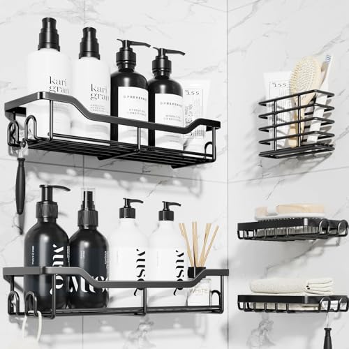Kitsure Duschablage ohne Bohren - 5 Stück rostfreie Badezimmer Organizer, schnell trocknende Badregal, mit großer Kapazität, langlebige Shampoo Halterung für Dusche aus Edelstahl, 5 Pack, Schwarz von Kitsure