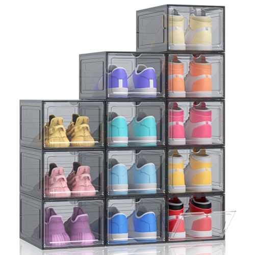 Kitsure Extra Dicke & Robuste Schuhboxen – 12er Pack Schwarz Klare Kunststoff Faltbare Aufbewahrungsbox mit Magnettür, Verstärktes Schwerlast-Design für Turnschuhe, Kosmetik & Zubehör, 33,5×23×18,5cm von Kitsure