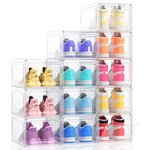 Kitsure Extra Dicke & Robuste Schuhboxen – 12er Pack Weiß Klare Kunststoff Faltbare Aufbewahrungsbox mit Magnettür, Verstärktes Schwerlast-Design für Turnschuhe, Kosmetik & Zubehör, 33,5×23×18,5cm von Kitsure