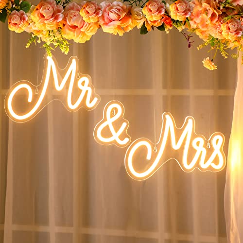 Kittmip Mr and Mrs Neon Sign for Wedding Neon Light LED Wall Decor USB Operated 25 x 7 Inches Mr and Mrs Sign Gifts for Anniversary Valentines Day Party Engagement Bankett Tisch (Warmweiß) von Kittmip