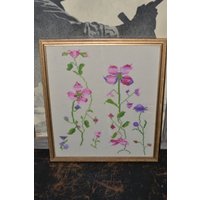 Vintage 50Er Jahre Handgemachte Blumen Sampler Holz Gold Vergoldet Gerahmt Nadelspitze 15 X 13 Kitschig Süße Nadel Punkt Stickerei Retro Petunia von KittycatVintage16