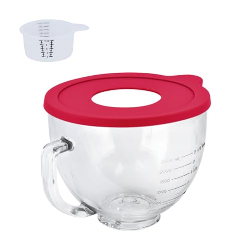 Glasschüssel, kompatibel mit KitchenAid Standmixer, 5 l, mit rotem Deckel, kompatibel mit Artisan 5KSM125, 5KSM150, 5KSM175, 5KSM7580, KSM150, RRK150 und weiteren Modellen für einfache Befestigung von Kitwanda