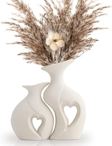 2er Set Weiße Keramikvasen für Trocken- und Frischblumen, Pampasgras und Zimmerdeko - Moderne Nordic Ring Form, Boho-Stil, Mattes Finish - Perfekt für Wohnzimmer, Schlafzimmer und Büro、vase von Kityemo