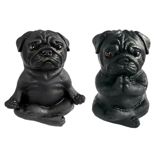 Kityemo 2er-Set Yoga-Mops-Skulpturen - Meditierende Mops-Figuren für Feengarten, Zen-Deko, Sammelbare Tischornamente für Zuhause, Büro oder Geschenk (Schwarz) von Kityemo