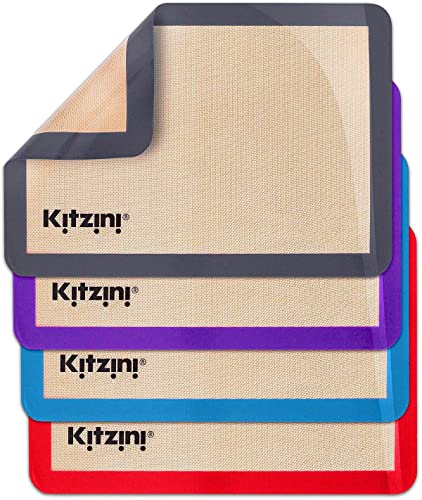 Kitzini Backunterlagen. 4 Silikon Backmatte zum Backen und Ausrollen von Teig. Dauerbackfolie für Backofen BPA-frei. Silikonmatte für Backen/Pizza/Plätzchen. Leicht zu reinigende Backmatte aus Silikon von Kitzini