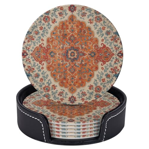 Untersetzer mit ethnischem Boho-Teppichmuster für Getränke, Getränkeuntersetzer mit Halter, 6 Stück, rund, Leder, für Tischschutz, Kaffeebar, Dekoration von KiuLoam