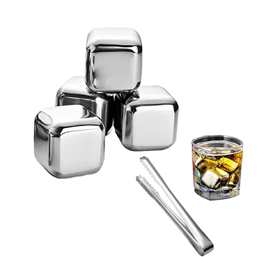 Eiswürfel Edelstahl, Whisky Eiswuerfel Steine, Whisky Kühlstein, 4PCS mit Zange Metall Eiswürfel Whisky Eiswürfel Wiederverwendbar Reusable Ice Cubes Bar Zubehör für Whiskey Bier ​ von Kiuiom