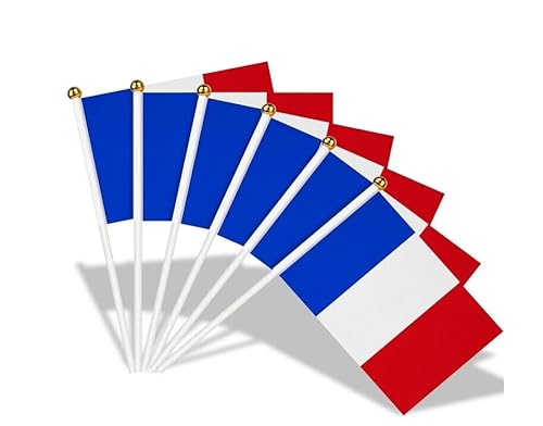 Kiuiom 12 Stück Klein Frankreich Flagge,Französische Handflaggen,Französische Mini Handgehaltene Flaggen,Weißem Pole Frankreic Flagge,Frankreich Feiern Fähnchen,Für Fans Fußball Wm Euro Party Deko von Kiuiom