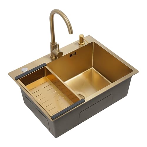 KiwiHood 60x45cm Gold Spüle Edelstahl Küchenspüle, 360° Hahn, Abtropfgitter & Seifenspender, Luxus Küchenspüle für Küche/Bad mit Anti-Kondens-Schutz und Geräuschdämmung KiwiHood 60x45cm Gold Spüle Edelstahl Küchenspüle, 360° Hahn, Abtropfgitter & Seifenspender, Luxus Küchenspüle für Küche/Bad mit Anti-Kondens-Schutz und Geräuschdämmung von KiwiHood