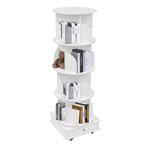 KiwiHood Drehbares Bücherregal mit 4 Etagen und großem Stauraum, Hochwertiges Walnussfarbenes Holzregal 360° drehbare Regale mit Rädern für Wohnzimmer, Schlafzimmer, oder Büro (Weiß) von KiwiHood