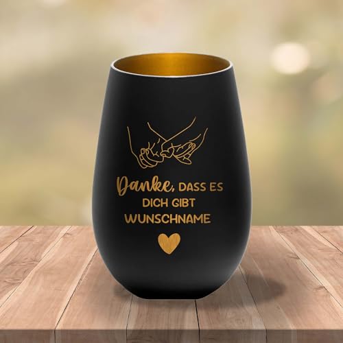 Kiwistar UG Windlicht Glas personalisiert schwarz-Gold Gravur Spruch Danke DASS es Dich gibt Wunschtext Teelichthalter Kerzenhalter Glas mit Spruch Familie Zuhause Deko Geschenk von Kiwistar UG