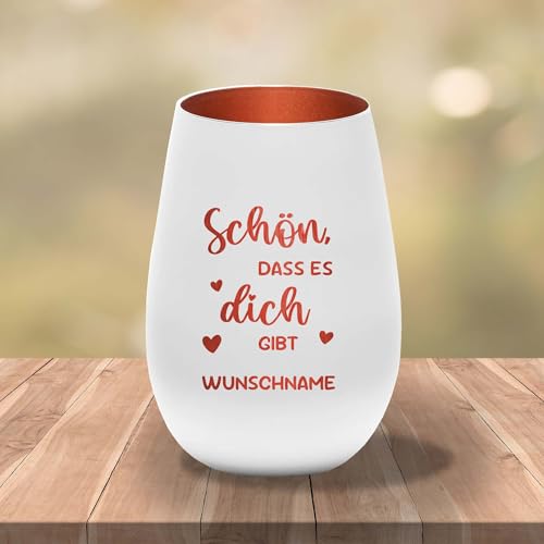 Kiwistar UG Windlicht Glas personalisiert weiß-Bronze Gravur Spruch Schön DASS es Dich gibt Wunschtext Teelichthalter Kerzenhalter Glas mit Spruch Familie Zuhause Deko Geschenk von Kiwistar UG