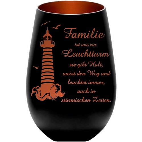 Kiwistar UG - Windlicht - Glas - schwarz - Bronze - Gravur - Familie ist wie EIN Leuchtturm - Teelichthalter - Kerzenhalter - Glas mit Spruch von Kiwistar UG
