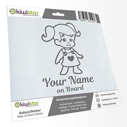 Kiwistar - Babyaufkleber - Grau - Mädchen Zöpfe Herz Sticker - mit Wunschtext individuell personalisiert + on Board 15cm - für Auto, Motorrad, Fahrrad, Tuning von Kiwistar