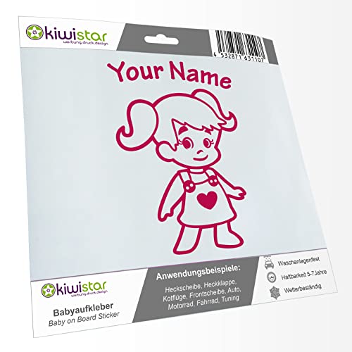 Kiwistar - Babyaufkleber - Pink - Mädchen Zöpfe Herz Sticker - mit Wunschtext individuell personalisiert 15cm - für Auto, Motorrad, Fahrrad, Tuning von Kiwistar