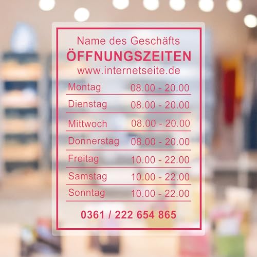 KIWISTAR - Öffnungszeiten - 420x297mm - Fuchsia - personalisiert - Fensterfolie - Wunschtext - Schaufensterbeschriftung - Aufkleber - Milchglas - blickdicht - Glasdekorfolie - blickdicht von Kiwistar