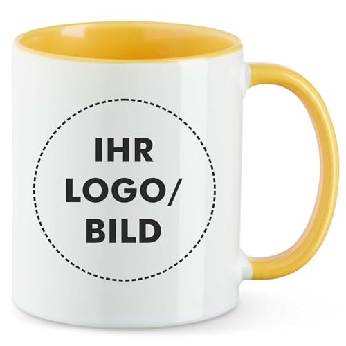 Kiwistar - 1x Kaffeetasse groß - Tasse - goldgelb - Kaffeebecher - mit Logo bedruckt - 330 ml mit Firmenlogo - Fototasse selbst gestalten - Werbung mit Logo von Kiwistar