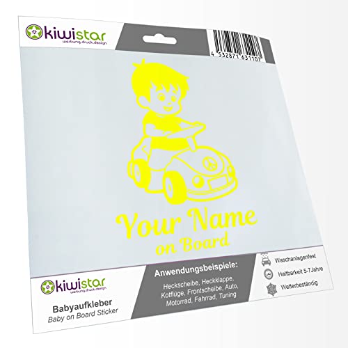 Kiwistar - Babyaufkleber - Neongelb - Junge Auto Sticker - mit Wunschtext individuell personalisiert + on Board 15cm - für Auto, Motorrad, Fahrrad, Tuning von Kiwistar