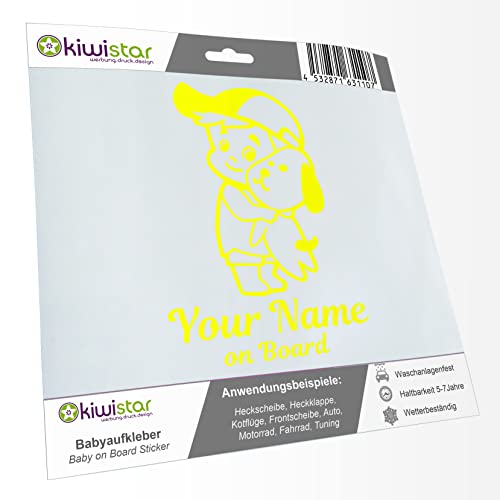 Kiwistar - Babyaufkleber - Neongelb - Junge Hund Cappy Sticker - mit Wunschtext individuell personalisiert + on Board 15cm - für Auto, Motorrad, Fahrrad, Tuning Kiwistar - Babyaufkleber - Neongelb - Junge Hund Cappy Sticker - mit Wunschtext individuell personalisiert + on Board 15cm - für Auto, Motorrad, Fahrrad, Tuning von Kiwistar