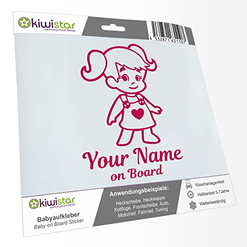 Kiwistar - Babyaufkleber - Pink - Mädchen Zöpfe Herz Sticker - mit Wunschtext individuell personalisiert + on Board 15cm - für Auto, Motorrad, Fahrrad, Tuning von Kiwistar