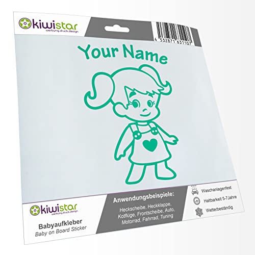 Kiwistar - Babyaufkleber - Türkis - Mädchen Zöpfe Herz Sticker - mit Wunschtext individuell personalisiert 20cm - für Auto, Motorrad, Fahrrad, Tuning von Kiwistar