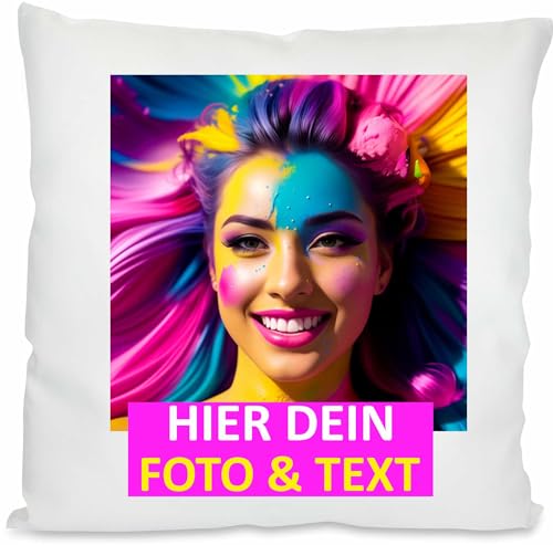 Kiwistar - Foto-Kissen 40x40 cm - selbst gestalten - weiß - mit Foto und Wunschtext - individuell Bedruckt - mit Kissenfüllung - 100% Polyester - personalisiert - Geschenkidee - Kopfkissen mit Foto von Kiwistar