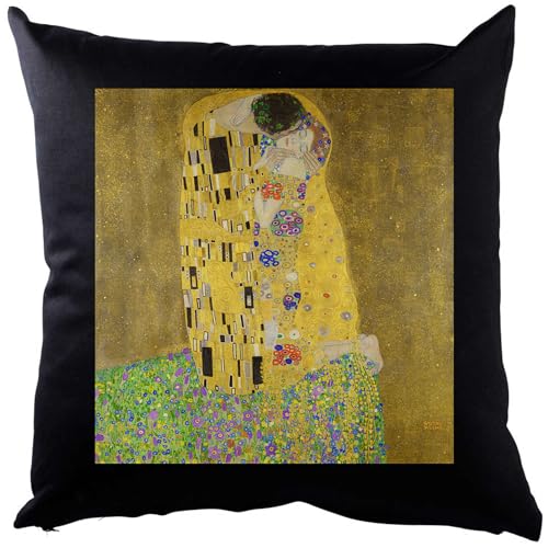 Kiwistar - Foto-Kissen schwarz - Gustav Klimt Kuss - 37x37 cm - mit Kissenfüllung - 100% Baumwolle - personalisiert - Geschenkidee - Kopfkissen mit Foto von Kiwistar